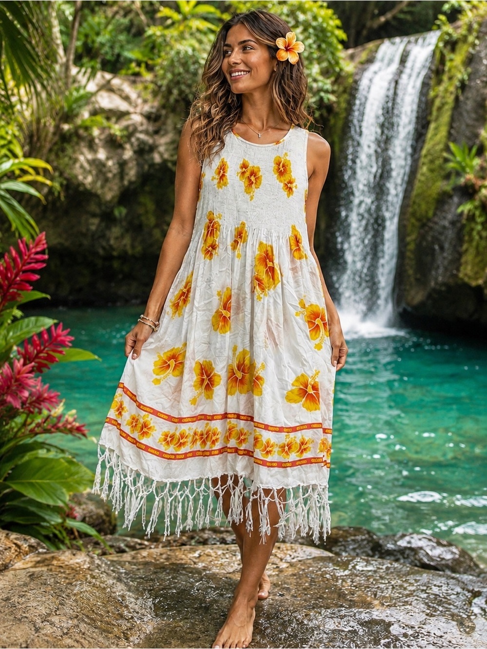 Bali Chic Women’s White Sundress with Yellow Hibiscus Floral Print and Fringe OS